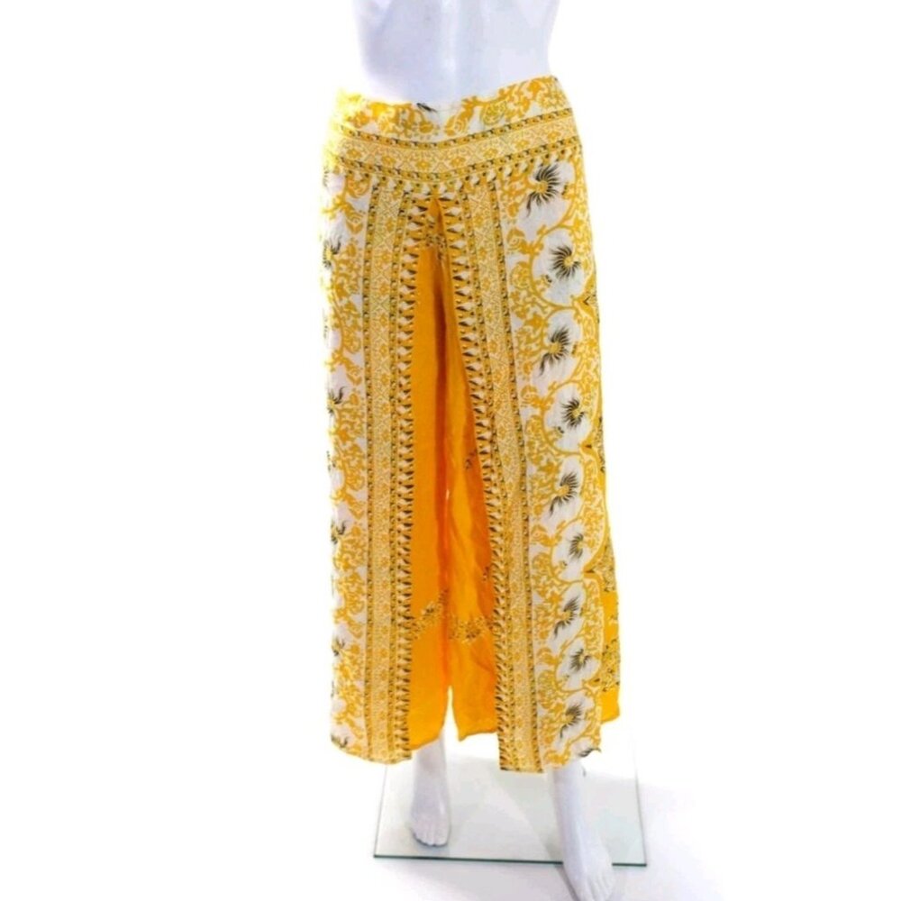 Camaroha Sutra Womens Floral Print Layered Split Wide Leg Trousers Yellow Small